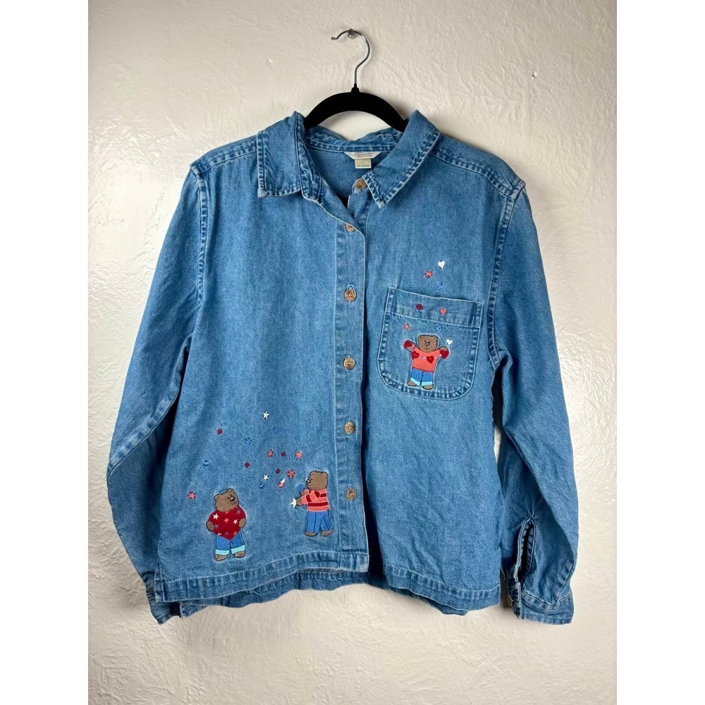 Vintage Christopher & Banks Denim Shirt Womens Sz L Teddy‎ Bear America July 4th